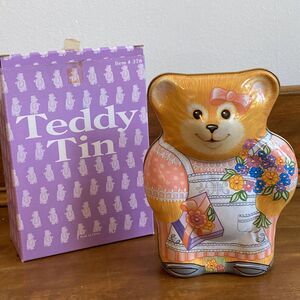 Vintage Gay Giannini Collectible Teddy Bear with Flowers Empty Tin, with box